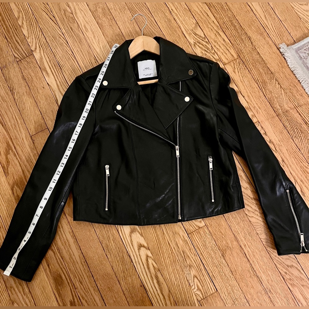 Mango Black Genuine Leather Moto Jacket, Size M - Picture 4 of 7